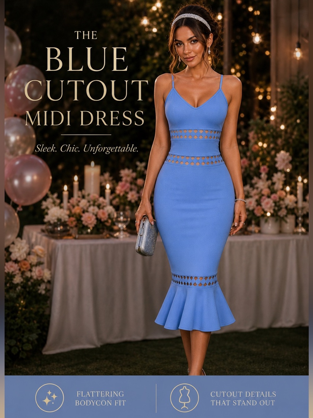 Sky Blue Bandage Bodycon Midi | Cutout Detail | Sculpting Fit | Event-Ready Luxe